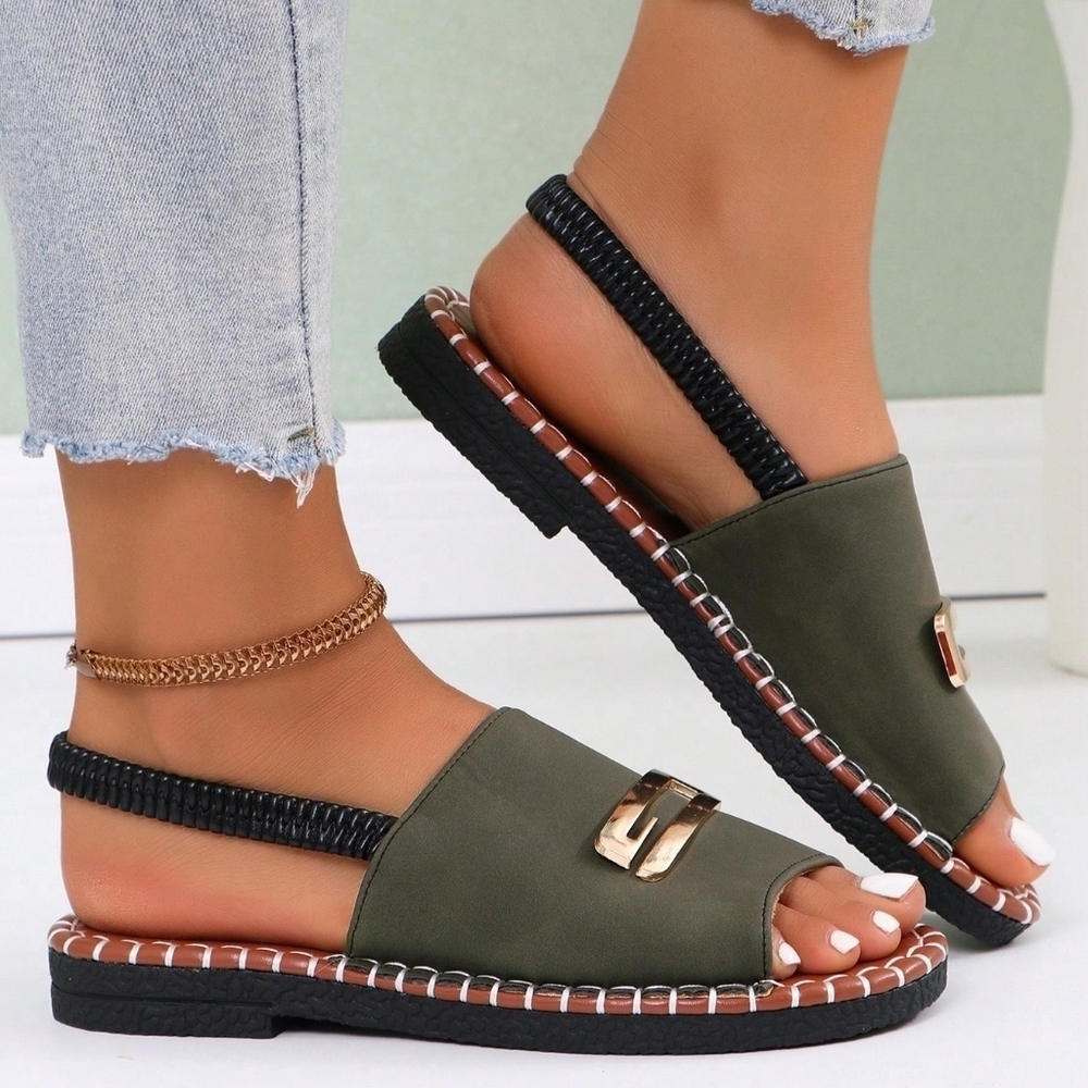 Women Flat Sandals Buckle Elastic Ladies White Open Toe Flat Slipper Pure Color - Picture 2 of 6